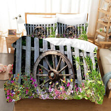 Flower Garden Fence Wheel Duvet Quilt Cover Double Bedding Set Pillowcase 