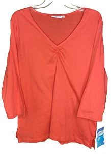 LuLu-B Womens Orange Tunic XL Pullover Blouse V-Neck 3/4 Sleeve NWT 100% Cotton - Picture 1 of 9
