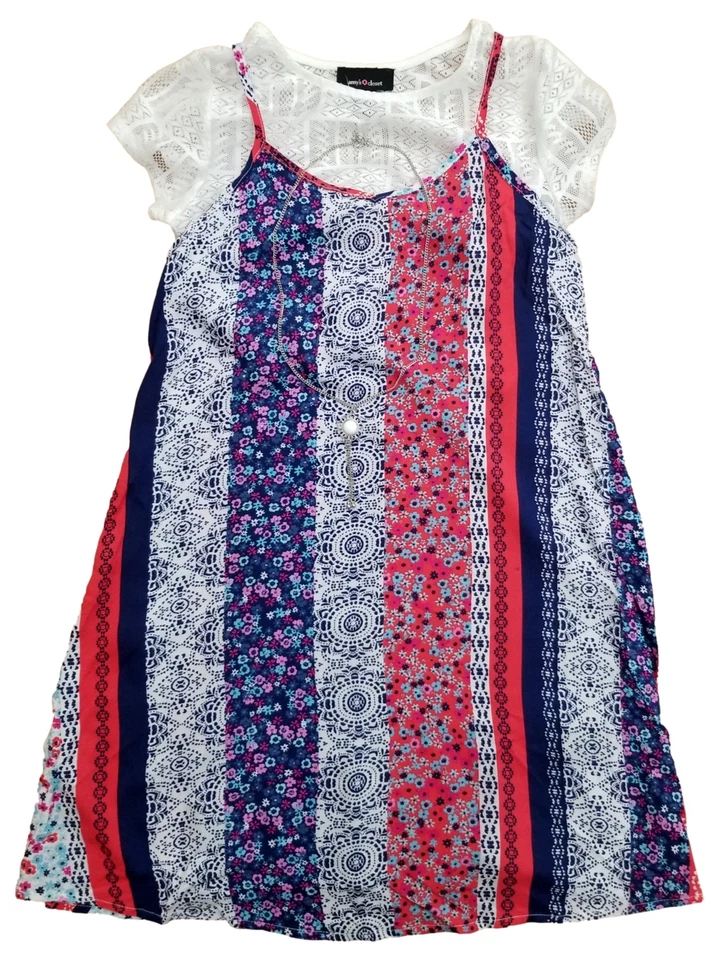 Girls Red Blue & White Top & Floral Dress w/ Matching Necklace Outfit - Image 1 of 1