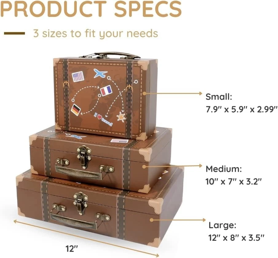 3 Maletas Decorativas Vintage Baúl Retro Madera Cuero Antiguo Almacenamiento Foto 1 de 4