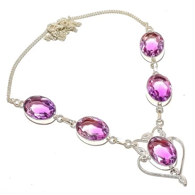 Natural Tourmaline Gemstone Chain Necklace 925 Sterling Silver Indian - Image 1 of 4