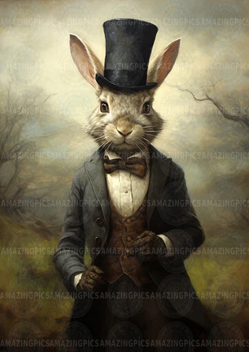 Victorian Rabbit Art Print Dressed Animal Portrait Whimsical Top Hat Hare D94 - Imagem 1 de 1