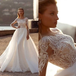 Gorgeous Wedding Dresses Mermaid Lace Tulle Appliques Pleated Bride Prom Gowns - Picture 1 of 13