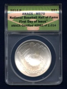 U.S 2014-P BASEBALL HALL OF FAME SILVER DOLLAR UNCIRCULATED CERTIFIED ANACS MS70 - Picture 1 of 2
