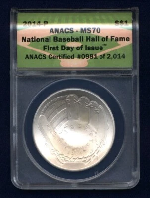 U.S 2014-P BASEBALL HALL OF FAME SILVER DOLLAR UNCIRCULATED CERTIFIED ANACS MS70 - Image 1 of 2