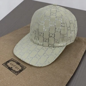 Gucci GG Monogram Silver Lame Canvas Baseball Cap Hat White Size M - Picture 1 of 23