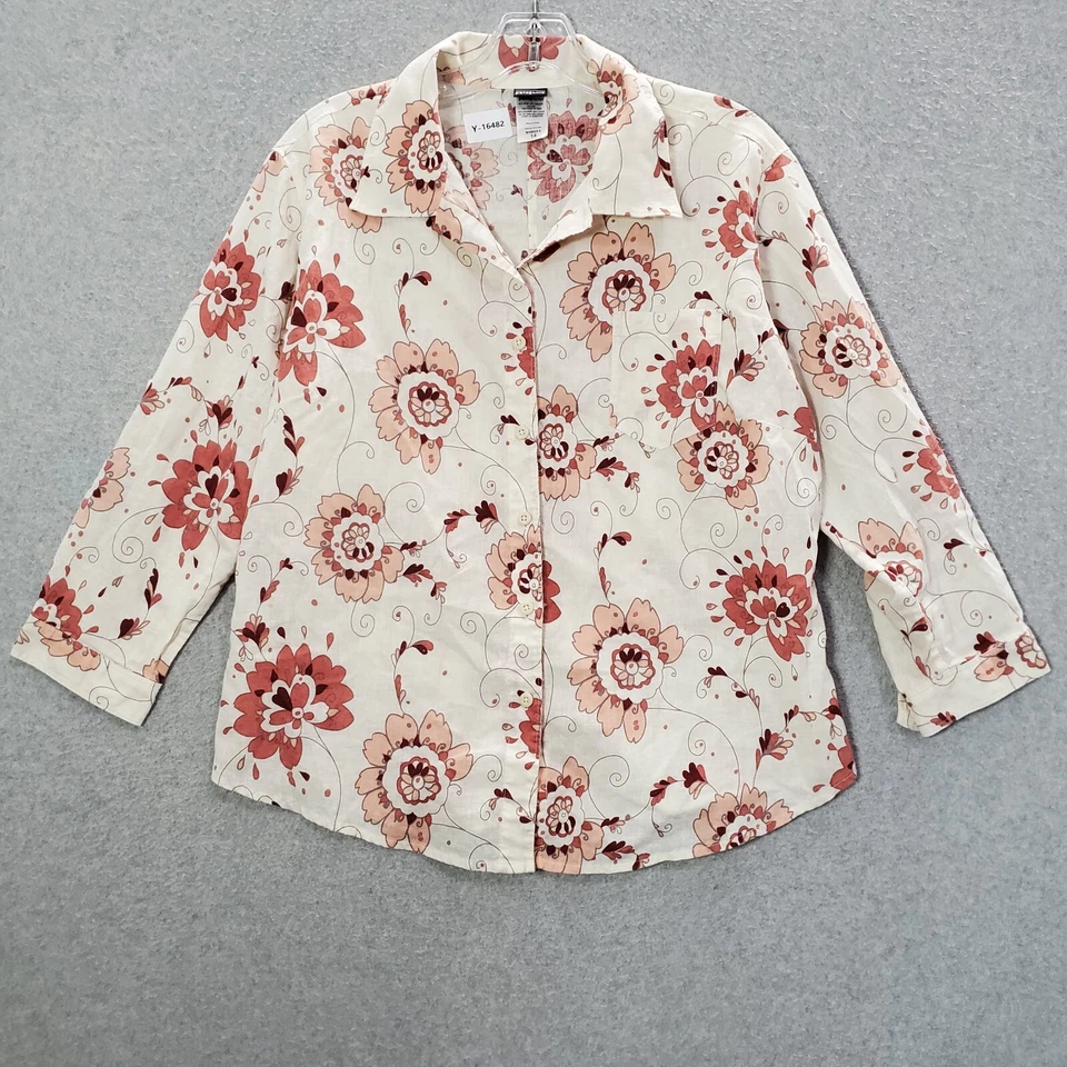 Patagonia Women Top 14 Pink Floral Organic Hemp Cotton Button Up 3/4 Sleeve READ - Image 1 of 4