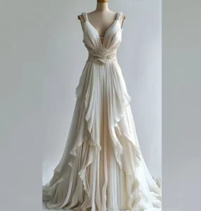 Elfenbein Perlen A-Linie Brautkleid Damen Maxi Lang V-Ausschnitt Tüll Brautkleider - Bild 1 von 8