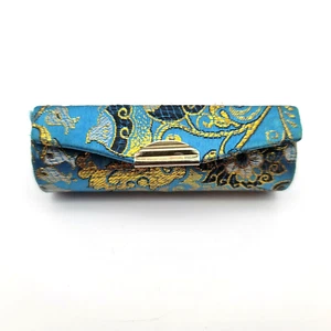Lippenstift Tube Halter mit Spiegel Vintage Blau, Satin Gold Faden Prägung 3 1/2"x 1" - Bild 1 von 8