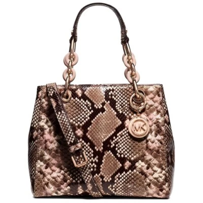 MICHAEL KORS Cynthia Medium Brown Python Embossed Leather Shoulder Bag Purse New - Image 1 of 4