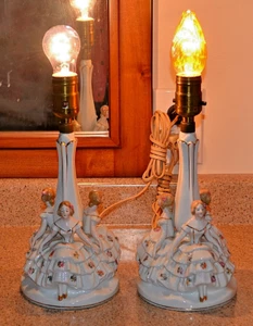 VINTAGE PAIR GERMANY VICTORIAN LADIES Porcelain Boudoir Vanity BED SIDE LAMPS - Picture 1 of 14
