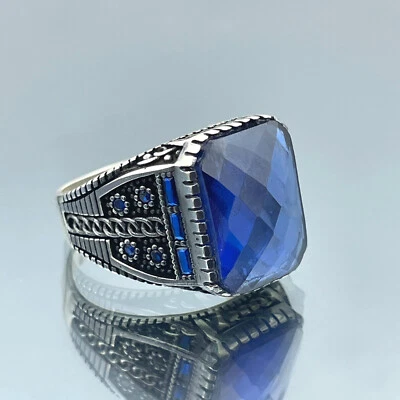 Anel masculino simulado de safira azul 925 anel de prata esterlina turco feito à mão presente - Imagem 1 de 4