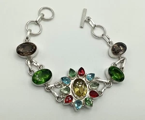 Beautiful Vintage Sterling Silver 925 Multicolor Flower Gemstone Bracelet 8” - Picture 1 of 12