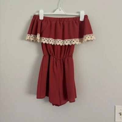 Papaya Crochet Trimmed Off the Shoulder Romper Size Small - Image 1 of 4