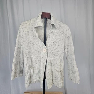 Pria Ribbed Knit Sweater Jacket L Cotton Blend Magnet Button Speckled Flecked - Picture 1 of 4