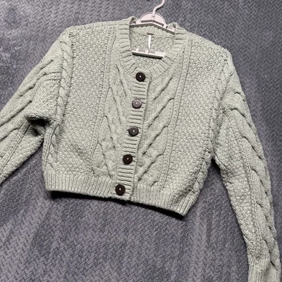 Free People Chunky Knit Cable Button Cropped Cardigan Sweater XL Sage Green - Image 1 of 4