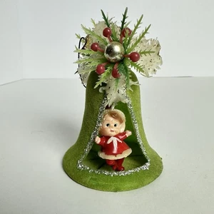 Vintage Mrs. Claus Flocked 3-D Diorama Bell Christmas Ornament Glitter MCM 3" - Picture 1 of 7