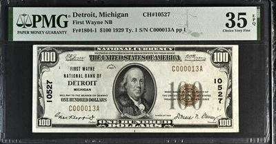 1929 $100 First Wayne National Bank DETROIT Michigan PMG 35 EPQ Low SN 13 - Image 1 of 2
