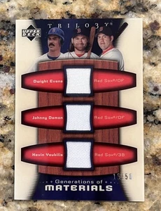 DWIGHT EVANS JOHNNY DAMON YOUKILIS 2005 UD TRILOGY MATERIALS JERSEY RED SOX /50 - Bild 1 von 2