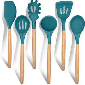 Kitchen Utensil Set of 6 Silicone Spoon Cook Tools Temp, Dishwasher Safe - Picture 1 of 7