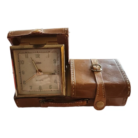 Vintage German Endura Travel Wind-up Clock In Leather Suitcase Jewelry Holder Cover