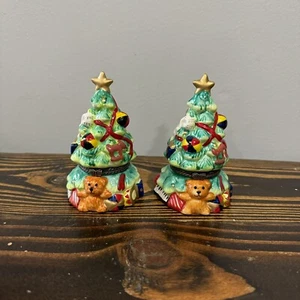 Set of 2: Vintage Ceramic Christmas Tree Hinged Trinket Holder Box - Picture 1 of 7