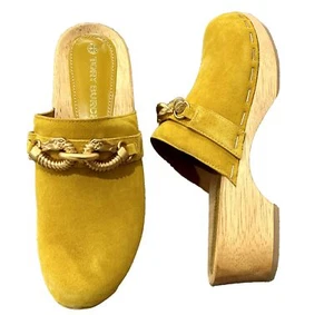 Tory Burch Size 10 Jessa Wooden Clog Natural Suede Yellow - Picture 1 of 12