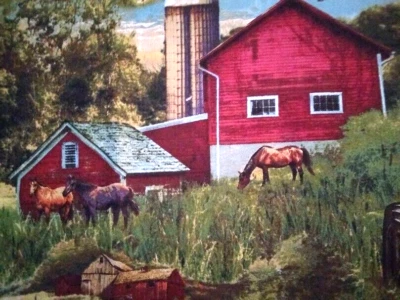 NEW - Barn, Tractor, Red Pickup Truck Scene - David Textiles - 1.5 yards - Image 1 of 4