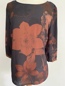 Ladies Next Orange & Brown Floral Top 3/4 Sleeves Size 10 Autumnal Spring - Picture 1 of 9