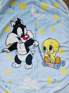 Vintage Baby Looney Tunes Sylvester Tweety Bird 1999 Baby Blanket Blue EUC