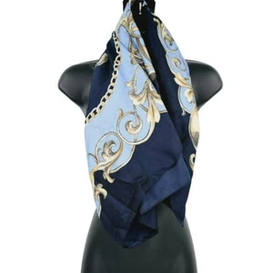 Liz Claiborne Bufanda Cuadrada Azul Dorado Ornamentado Barroco Rococó Filigrana Medallón - Imagen 1 de 8