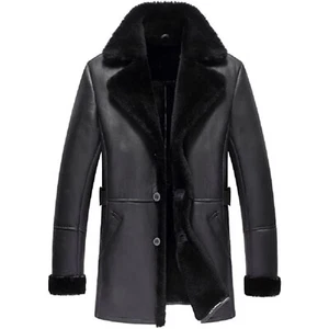 Men's RAF Trench Coat | Handmade Black Real Sheepskin Shearling Leather Jacket - Picture 1 of 3