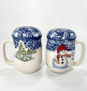 Snowman Salt Pepper Pottery Thomson Handled Set Blue Sponge Christmas Tree Vtg - Foto 1 di 7