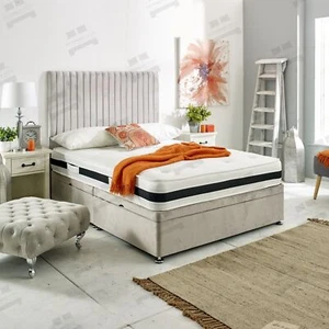 Upholstered Ottoman Storage Bed Divan Base with 51" High Vertical Line Headboard - Picture 1 of 10