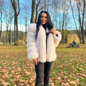 Women Real Fox Fur Coat Natural White Fluffy Jacket Winter Thick Warm Overcoat - Picture 1 of 4