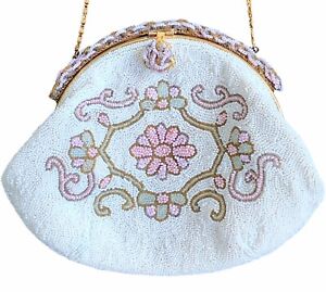 Beaded Bag ~ Jorelle ~ Handmade in France ~ Pink & Green Embroidery