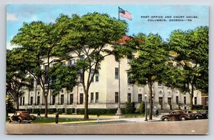 Postcard Post Office and Court House Columbus, Georgia  Exterior Old Cars Flag - Picture 1 of 2