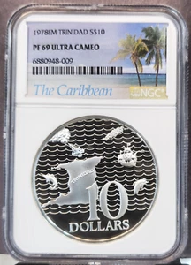 1978 TRINIDAD SILVER 10 DOLLARS MAP & OCEAN NGC PF 69 ULTRA CAMEO RARE TOP POP - Picture 1 of 3
