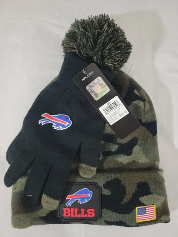 NFL Buffalo Bills Salute To Service Green Camo Beanie & Gloves Set Fleece Lined Cover