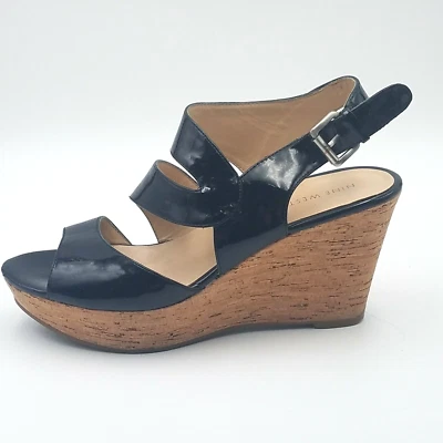 Sandalias de cuña Nine West charol talla 8,5 M charol negro cuero vegano plataforma corcho Foto 1 de 4