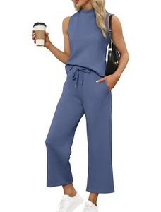 Summer Outfits for Women Blue Two Piece Set Casual Wide Leg Pants - Picture 1 of 6