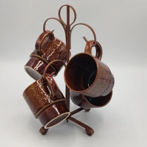VTG MCM Ceramic Japanese Stackable Mugs Tree Set Butterfly Floral Glazed Brown - Picture 1 of 14