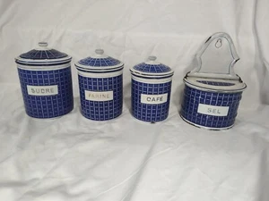 ANTIQUE B.B. FRERES FRENCH Enamel Ware Canister Set Salt Box Blue Quilted - Picture 1 of 11