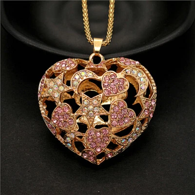 Fashion Women Lovely Crystal Pink Heart Hollow Star Moon Pendant Chain Necklace - Image 1 of 4
