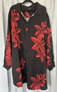Tanoa Women’s 3XL Black Red Tropical Long Sleeve Button Blouse Dress - Picture 1 of 12