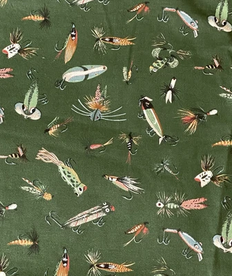 Vintage Fishing Lures VIP Fabric on Green Cranston Print Works Co 1.16Yds x 42 - Image 1 of 4