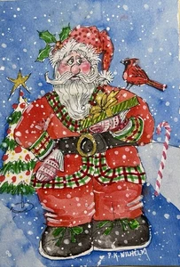 5”x7” Pamela Wilhelm Original Watercolor Whimsical Dapper Santa Snow Cardinal - Picture 1 of 1