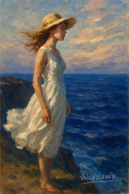 Original Valentinarte Oil Painting Woman Beautiful Sea Beach Handmade Art — 第 1/4 张图片