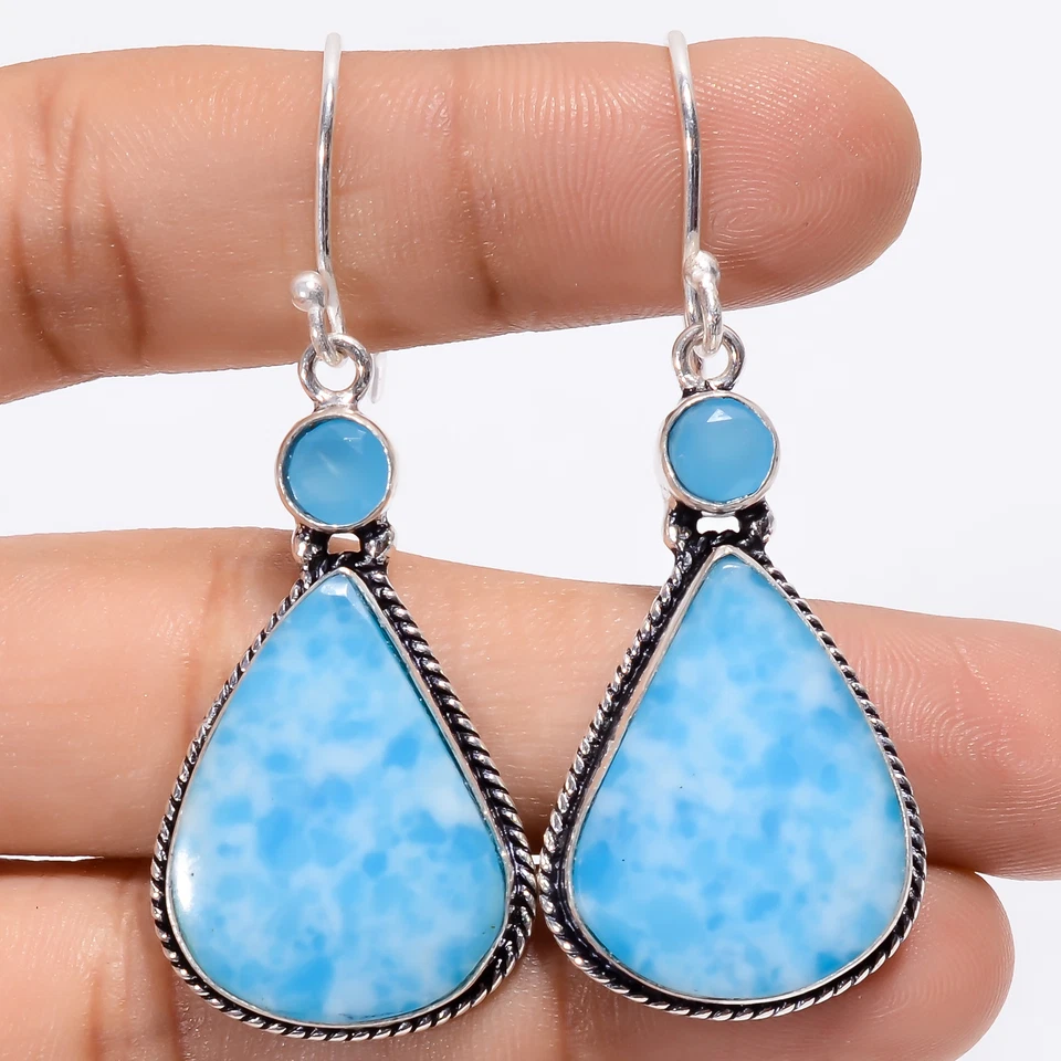Pendientes hechos a mano de plata 925 con piedras preciosas de calcedonia Larimar 2,1" ARE-3050 Foto 1 de 1