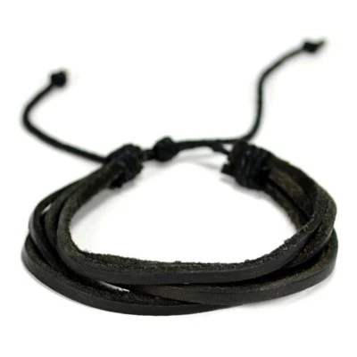 PULSERA DE CUERO NATURAL Filamento Negro Hombres Mujeres Unisex Cáñamo Ajustable Surfer Foto 1 de 3